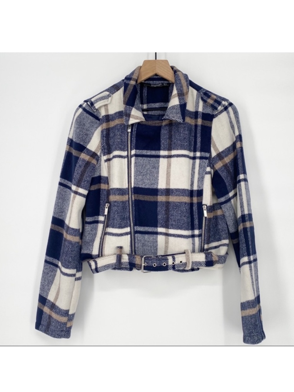 Stoosh Soft Plaid Flannel Belted Moto Jacket Shacket Navy Tan Cream Medium Zip